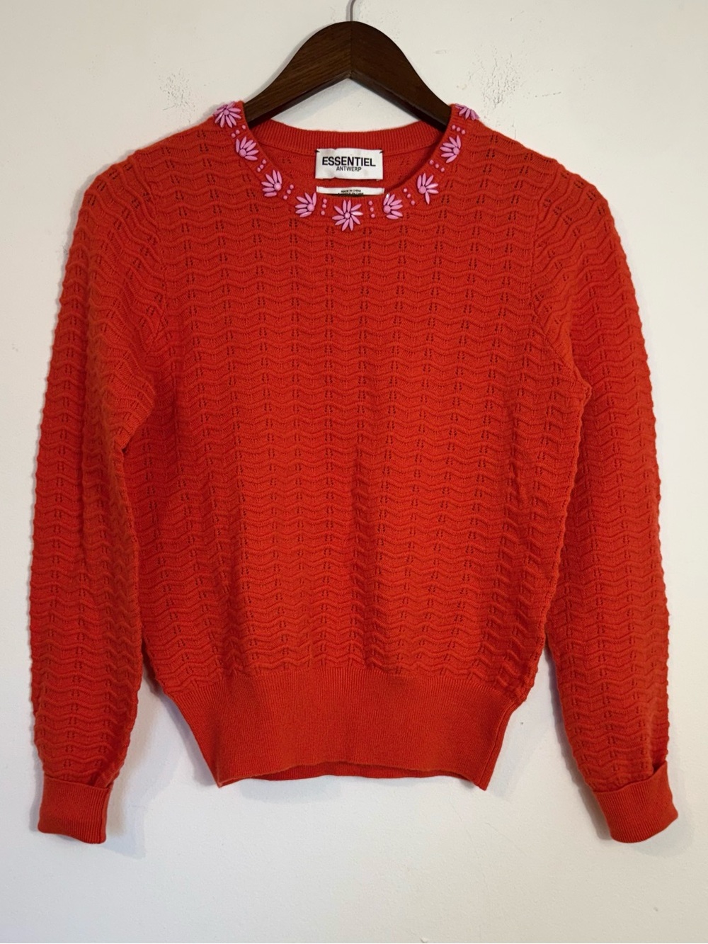 Essentiel Antwerp Red Knit Sweater Embellished Neck Wool Blend Small Gustavia